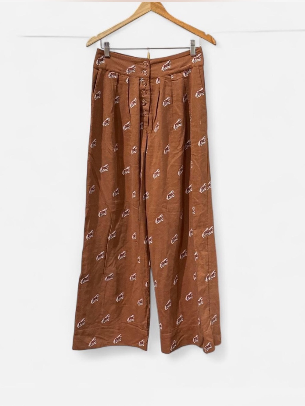 FARM Rio Brown Wide-Leg pants size S horse embroidered pattern boho cottage